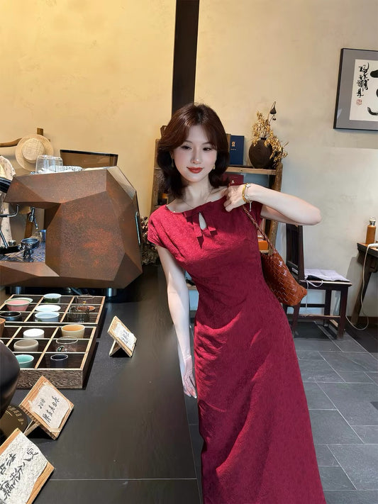 Lei Yingjun's "Vermilion Ode" Retro Jacquard Dress for Women, Summer, Square Neck, Slimming Waist, Long Wedding Toasting Dress