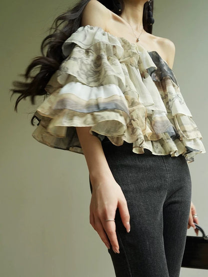 Aconiconi｜Edenlin French romantic one-shoulder ruffled design seaside vacation short shirt women