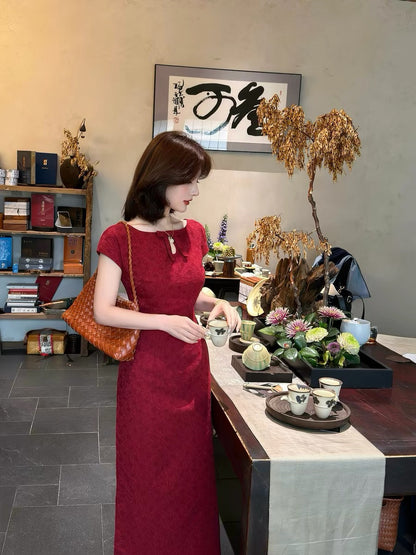 Lei Yingjun's "Vermilion Ode" Retro Jacquard Dress for Women, Summer, Square Neck, Slimming Waist, Long Wedding Toasting Dress