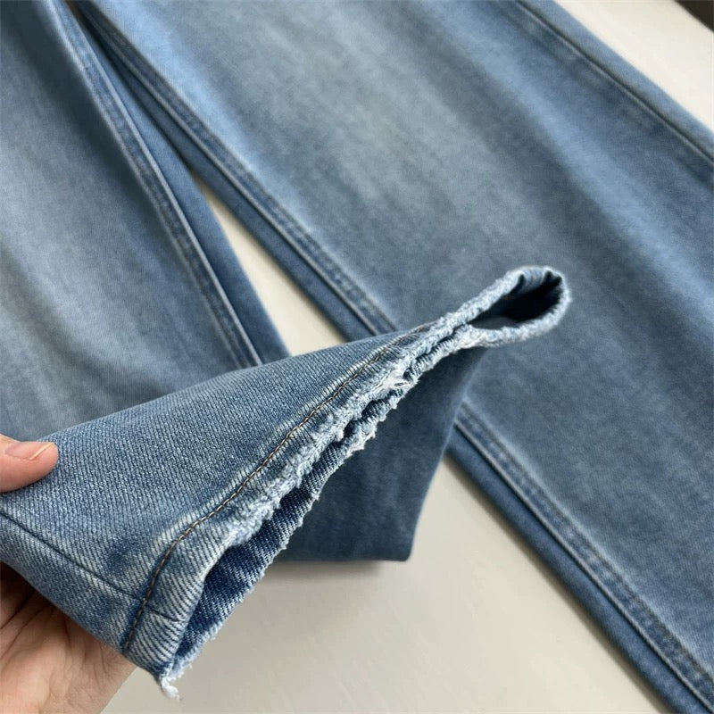 High-end washed denim! Tencel Lyocell cool-feel ripped straight leg jeans, slim fit wide-leg floor-length pants for spring and summer.