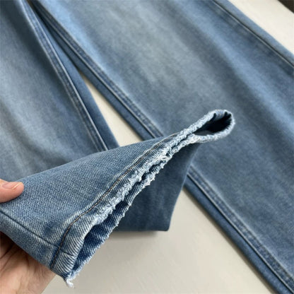 High-end washed denim! Tencel Lyocell cool-feel ripped straight leg jeans, slim fit wide-leg floor-length pants for spring and summer.