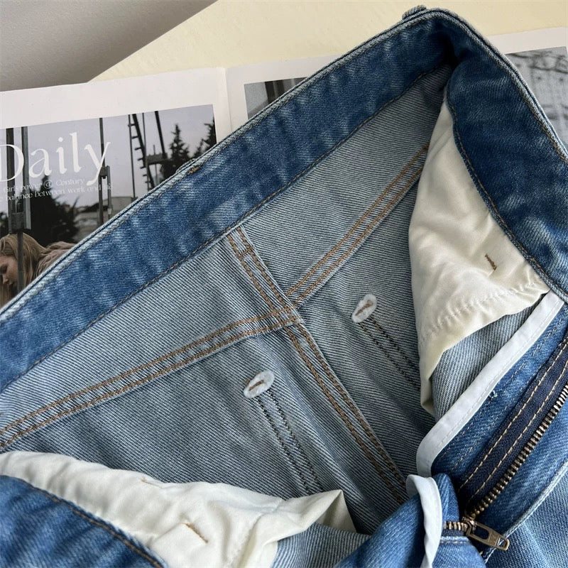 High-end washed denim! Tencel Lyocell cool-feel ripped straight leg jeans, slim fit wide-leg floor-length pants for spring and summer.