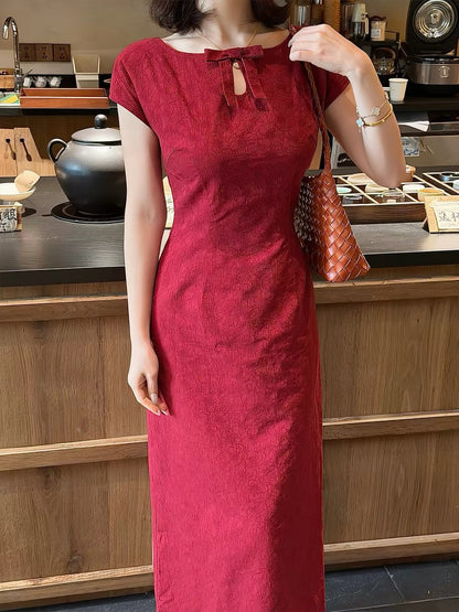 Lei Yingjun's "Vermilion Ode" Retro Jacquard Dress for Women, Summer, Square Neck, Slimming Waist, Long Wedding Toasting Dress