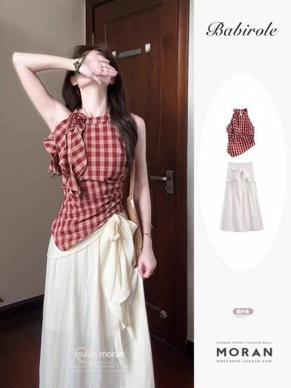 Summer outfit a complete set of plaid halter neck camisole irregular top skirt two-piece suit petite