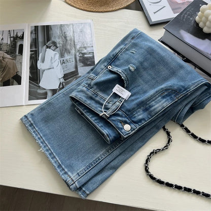 High-end washed denim! Tencel Lyocell cool-feel ripped straight leg jeans, slim fit wide-leg floor-length pants for spring and summer.