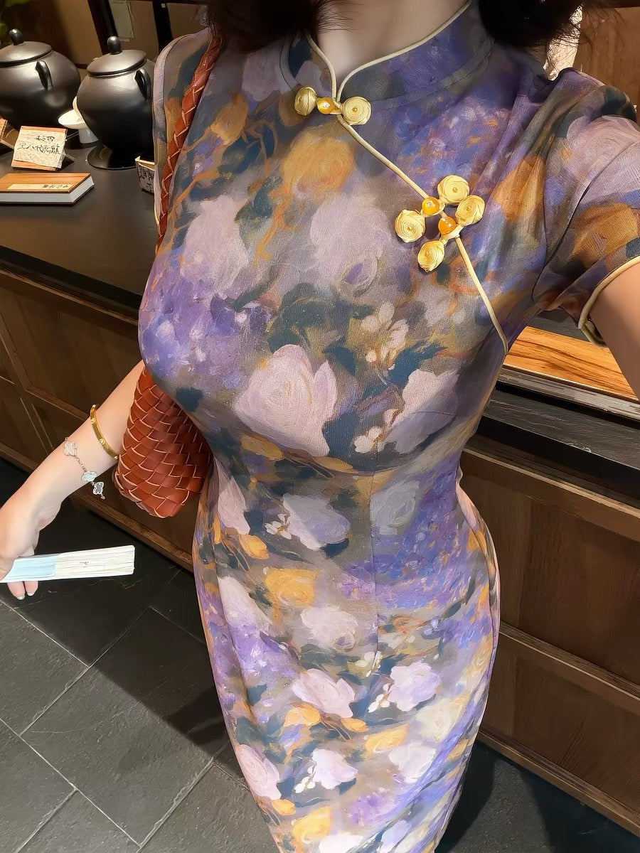 New Chinese style, elegant and handsome, [Floral Shadow] retro ink painting floral cheongsam summer dress with frog buttons, slim fit and flattering long skirt