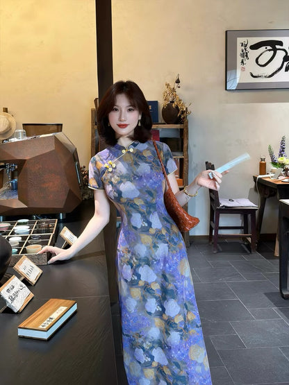 New Chinese style, elegant and handsome, [Floral Shadow] retro ink painting floral cheongsam summer dress with frog buttons, slim fit and flattering long skirt
