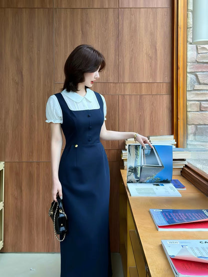 Lei Yingjun [Miss Lucy] Preppy Style Two-Piece Dress for Women, Summer Peter Pan Collar Shirt Patchwork Long Skirt