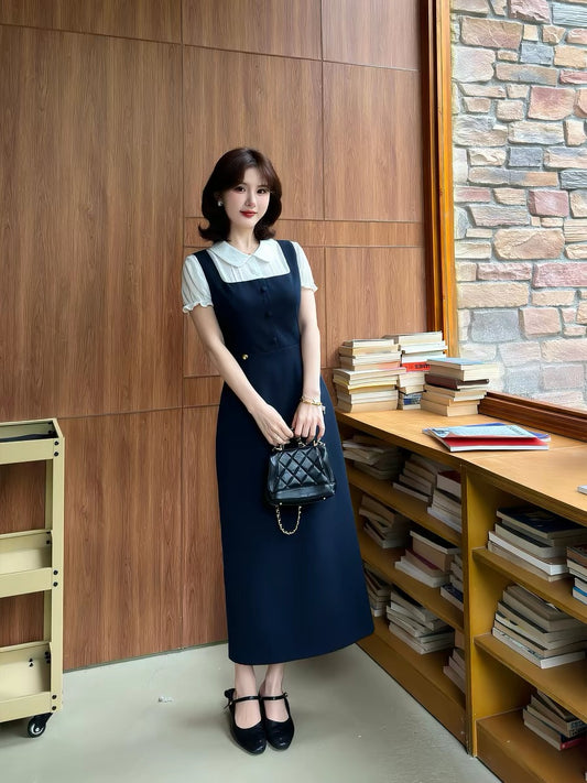 Lei Yingjun [Miss Lucy] Preppy Style Two-Piece Dress for Women, Summer Peter Pan Collar Shirt Patchwork Long Skirt