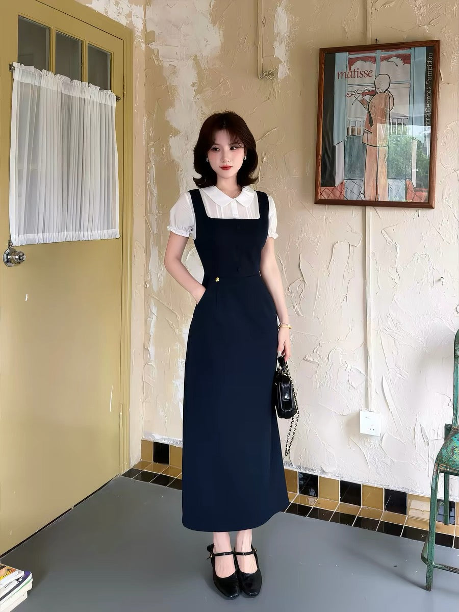 Lei Yingjun [Miss Lucy] Preppy Style Two-Piece Dress for Women, Summer Peter Pan Collar Shirt Patchwork Long Skirt