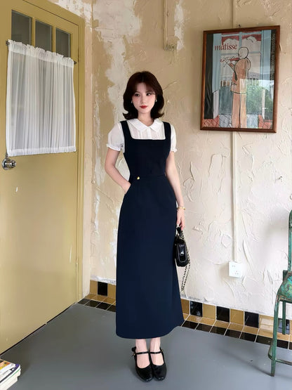 Lei Yingjun [Miss Lucy] Preppy Style Two-Piece Dress for Women, Summer Peter Pan Collar Shirt Patchwork Long Skirt