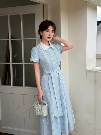 Lei Yingjun [Iceland Coast] Fresh Plaid Dress for Women, Summer, Doll Collar, Lace Trim, Elegant Long Dress