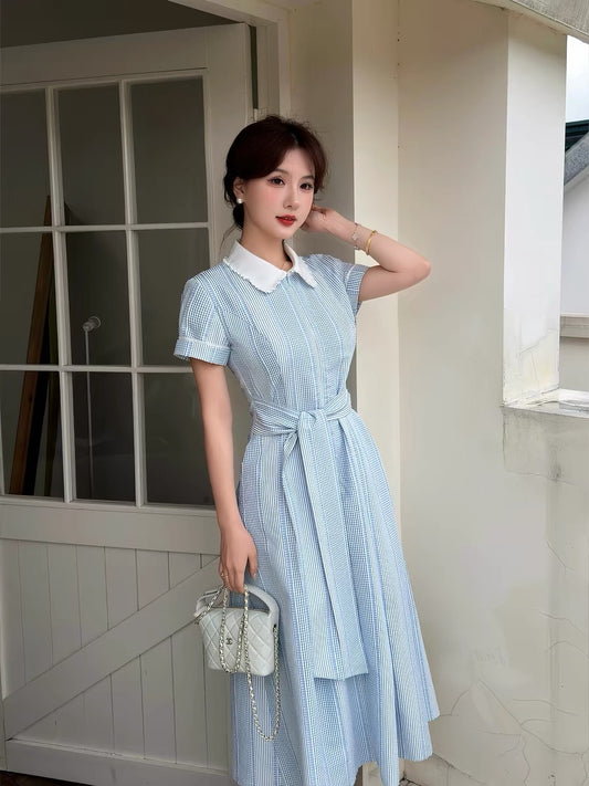 Lei Yingjun [Iceland Coast] Fresh Plaid Dress for Women, Summer, Doll Collar, Lace Trim, Elegant Long Dress