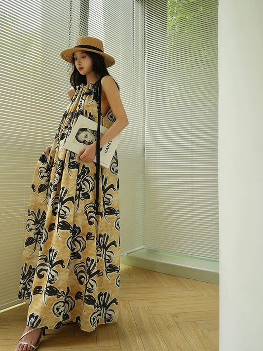 Aconiconi｜Summer Night Breeze French Ink Print High-end Lazy Holiday Style Halter Neck Long Dress