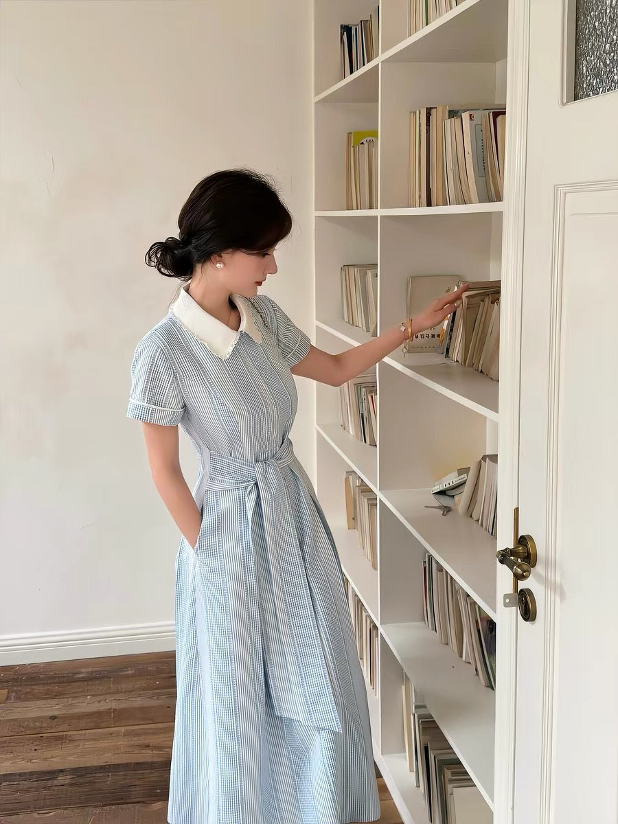 Lei Yingjun [Iceland Coast] Fresh Plaid Dress for Women, Summer, Doll Collar, Lace Trim, Elegant Long Dress