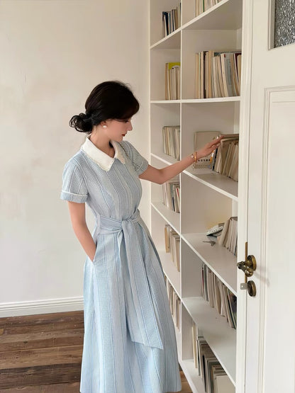 Lei Yingjun [Iceland Coast] Fresh Plaid Dress for Women, Summer, Doll Collar, Lace Trim, Elegant Long Dress