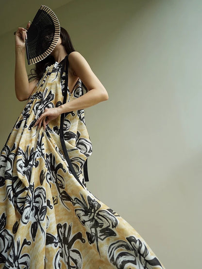 Aconiconi｜Summer Night Breeze French Ink Print High-end Lazy Holiday Style Halter Neck Long Dress