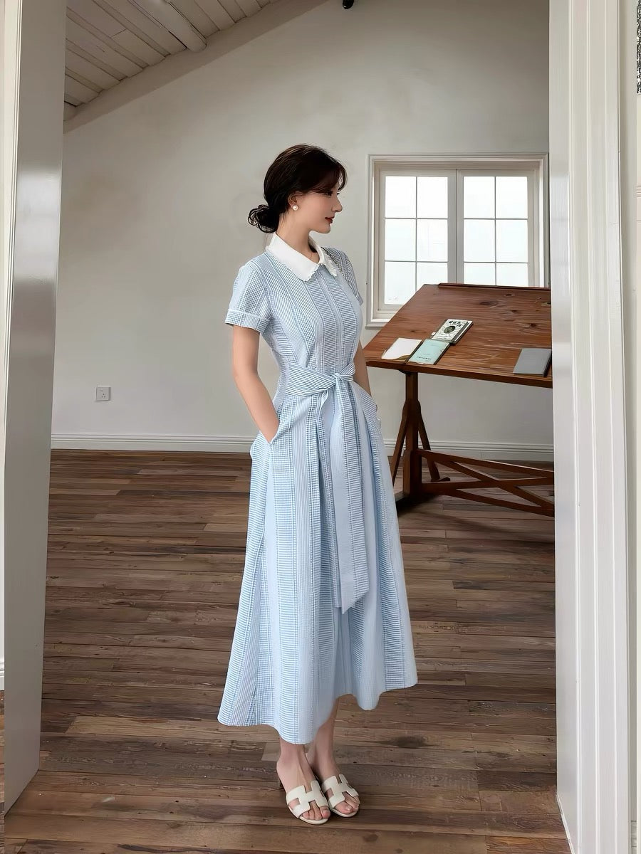 Lei Yingjun [Iceland Coast] Fresh Plaid Dress for Women, Summer, Doll Collar, Lace Trim, Elegant Long Dress