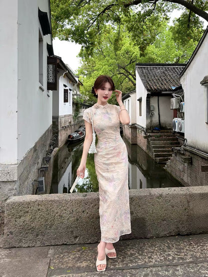 New Chinese style, elegant and handsome, [Tuberose] gentle style rose embroidery modified cheongsam women's summer floral long dress