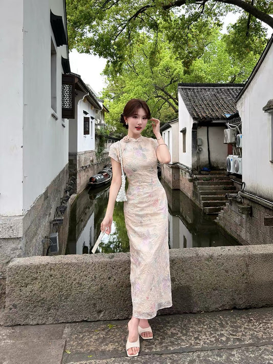 New Chinese style, elegant and handsome, [Tuberose] gentle style rose embroidery modified cheongsam women's summer floral long dress