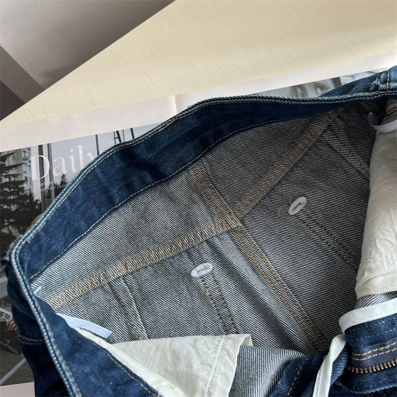 Exquisite details~ Frayed hem, loose-fitting wide-leg jeans for women, autumn, petite, dark color, non-stretch, slimming long pants