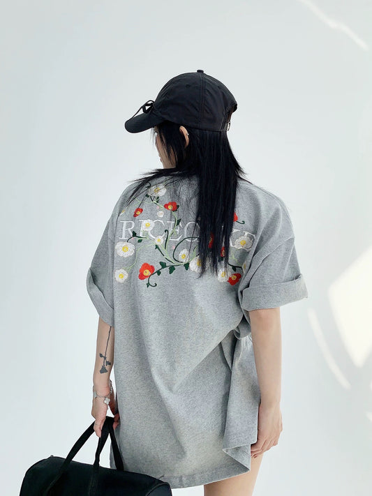 Wasteful chic summer American niche embroidery 300g pure cotton short-sleeved oversize loose couple T-shirt women's trendy