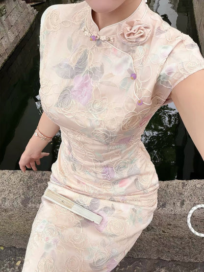 New Chinese style, elegant and handsome, [Tuberose] gentle style rose embroidery modified cheongsam women's summer floral long dress