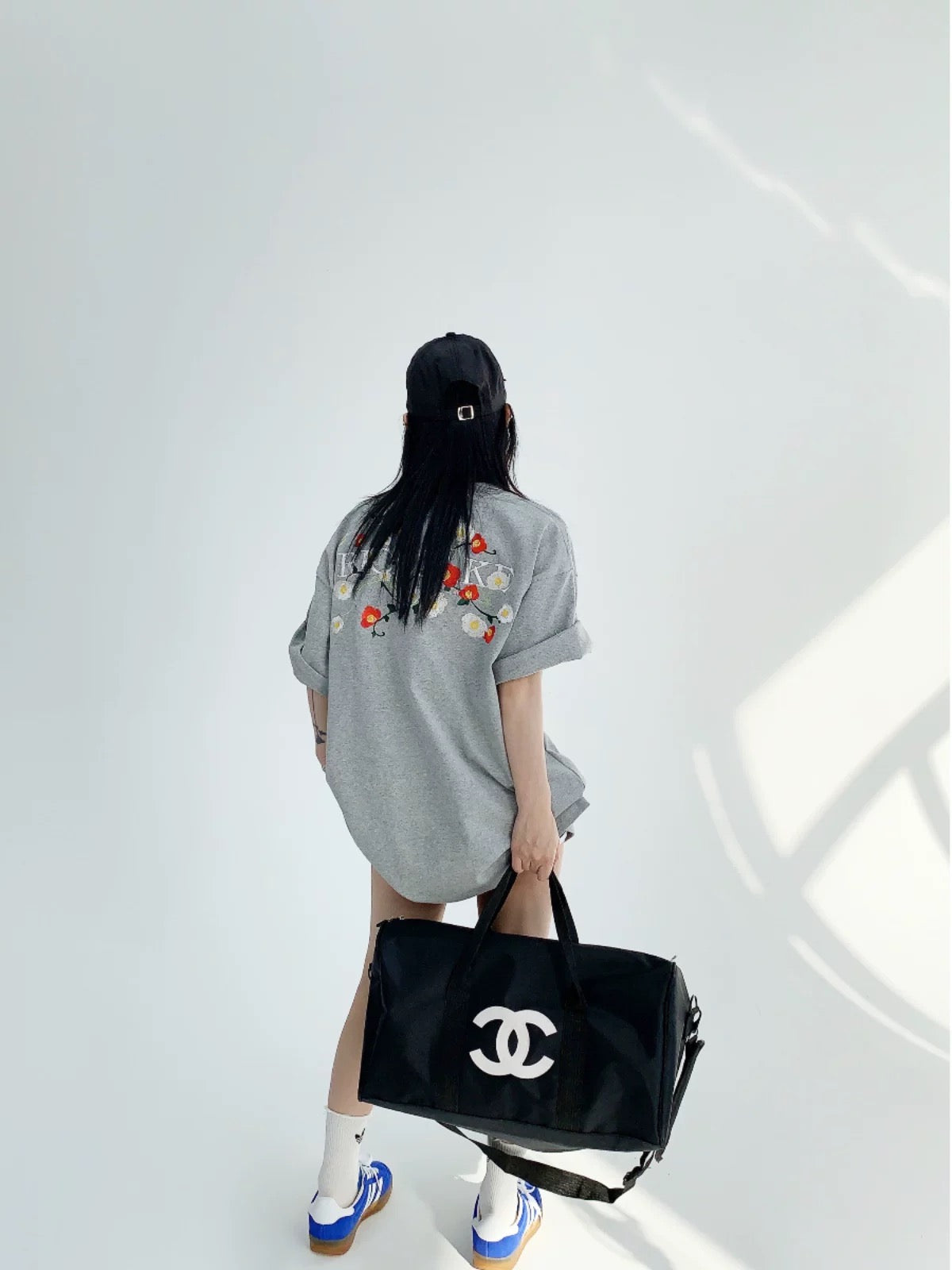 Wasteful chic summer American niche embroidery 300g pure cotton short-sleeved oversize loose couple T-shirt women's trendy