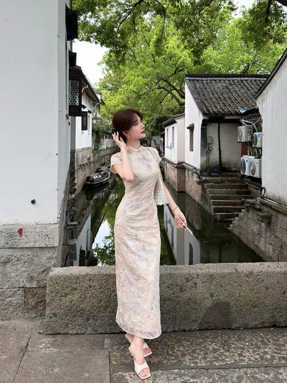 New Chinese style, elegant and handsome, [Tuberose] gentle style rose embroidery modified cheongsam women's summer floral long dress