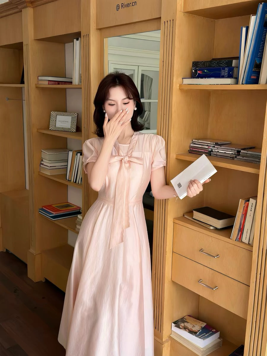 Lei Yingjun [Korean First Love] Gentle Style Ribbon V-Neck Full Swing Dress Summer Temperament Slimming Tencel Long Dress