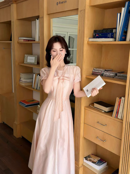 Lei Yingjun [Korean First Love] Gentle Style Ribbon V-Neck Full Swing Dress Summer Temperament Slimming Tencel Long Dress