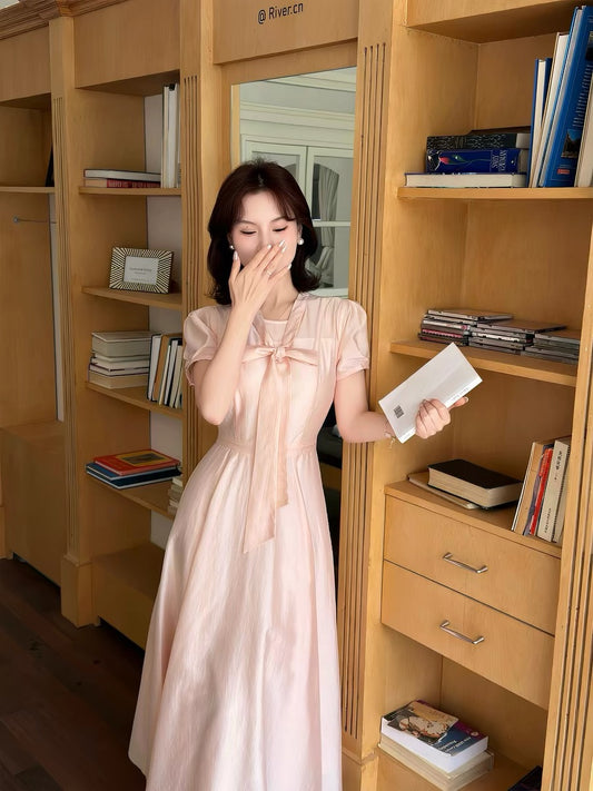 Lei Yingjun [Korean First Love] Gentle Style Ribbon V-Neck Full Swing Dress Summer Temperament Slimming Tencel Long Dress