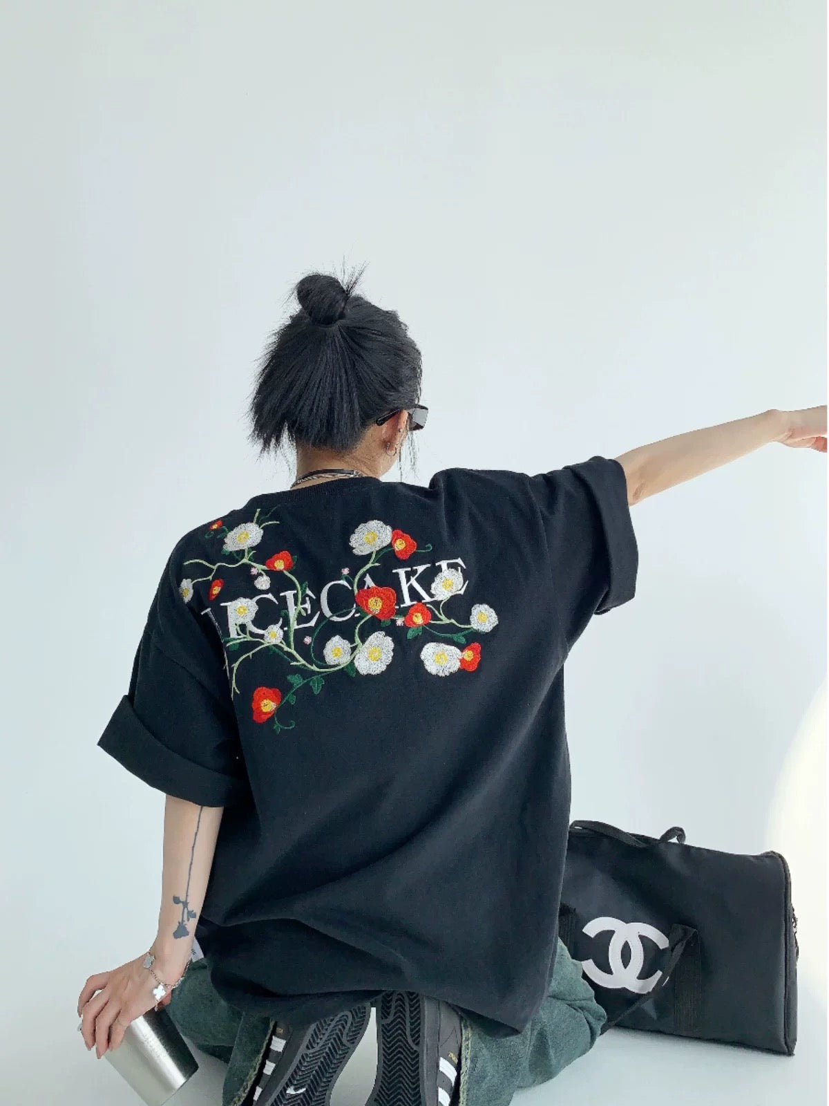 Wasteful chic summer American niche embroidery 300g pure cotton short-sleeved oversize loose couple T-shirt women's trendy