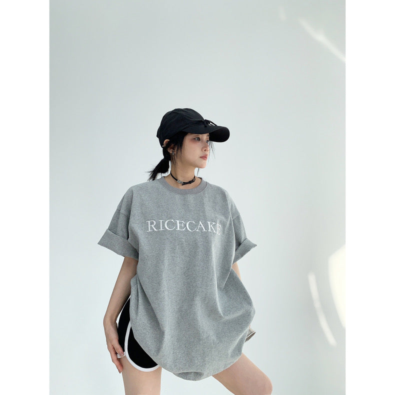 Wasteful chic summer American niche embroidery 300g pure cotton short-sleeved oversize loose couple T-shirt women's trendy