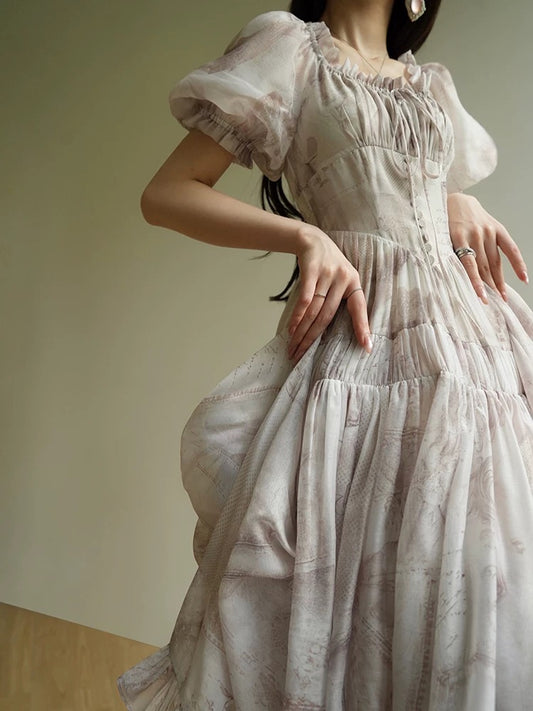Aconiconi｜Yuanshan French retro print palace style design niche waist slim long dress