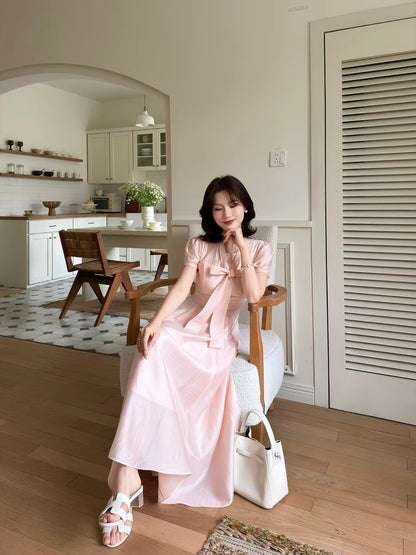 Lei Yingjun [Korean First Love] Gentle Style Ribbon V-Neck Full Swing Dress Summer Temperament Slimming Tencel Long Dress