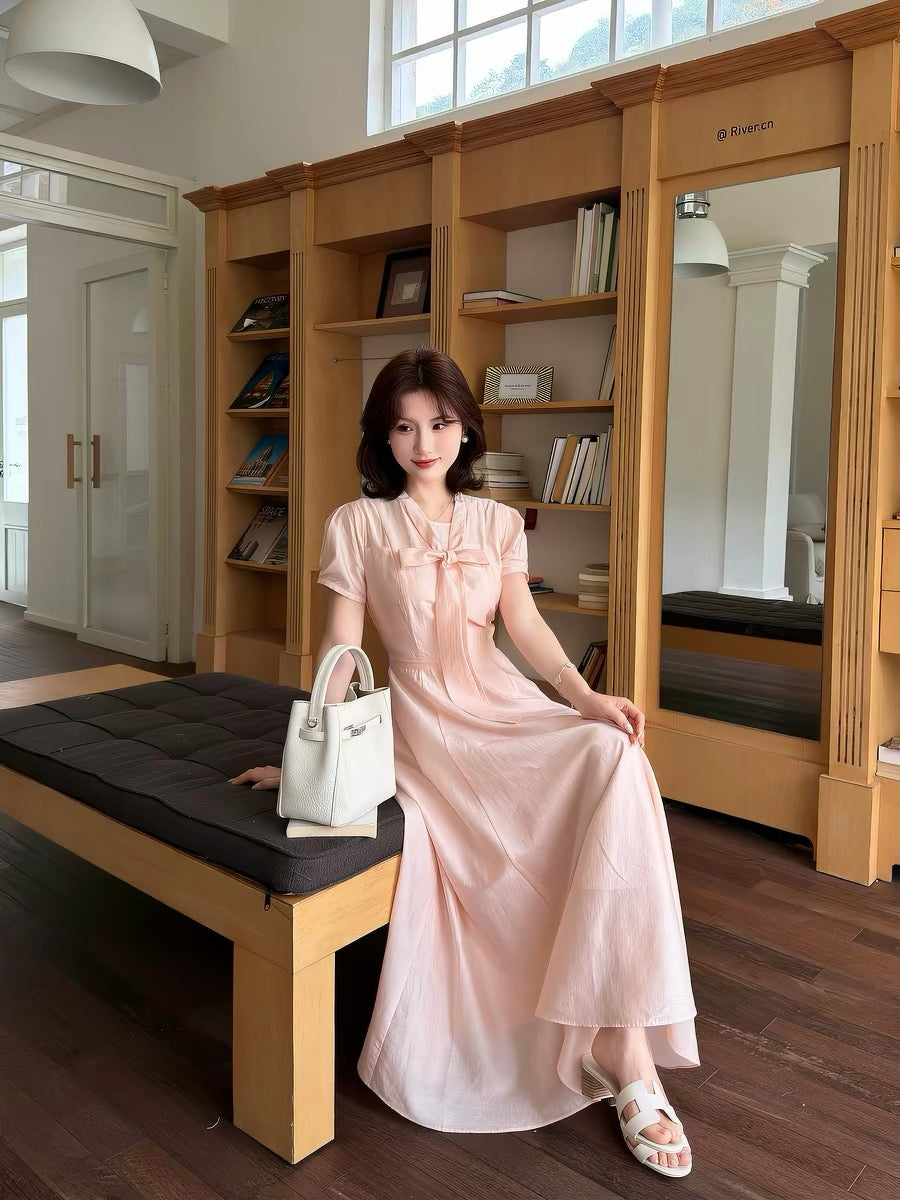 Lei Yingjun [Korean First Love] Gentle Style Ribbon V-Neck Full Swing Dress Summer Temperament Slimming Tencel Long Dress
