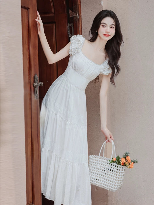 Tea break French niche design super nice white dress 2024 new fairy temperament slim long skirt summer