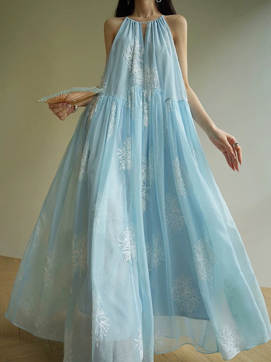 Aconiconi｜Yunjian French seaside resort style heavy embroidery halter neck suspender long dress Xia Xin