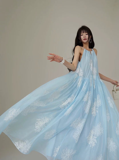 Aconiconi｜Yunjian French seaside resort style heavy embroidery halter neck suspender long dress Xia Xin