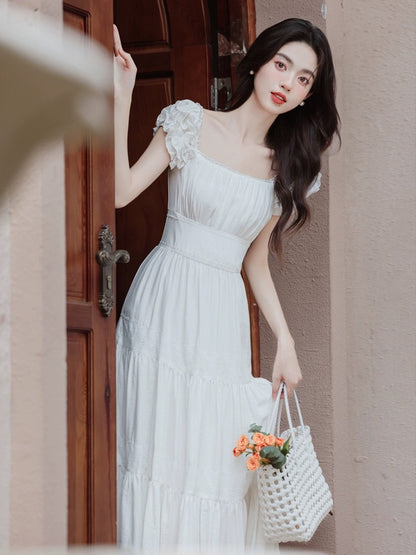 Tea break French niche design super nice white dress 2024 new fairy temperament slim long skirt summer