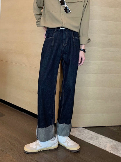 Hualun summer new trendy brand black nine-point jeans men's ins trendy retro straight loose high street pants