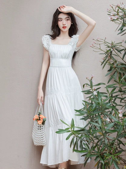Tea break French niche design super nice white dress 2024 new fairy temperament slim long skirt summer
