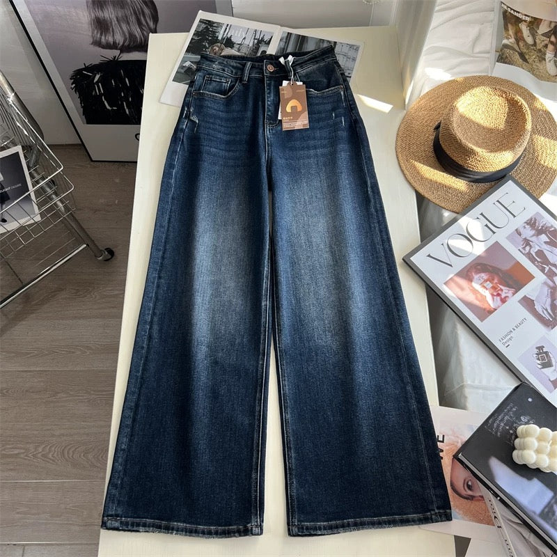Relaxed style! Slimming and leg-lengthening floor-length jeans for women, made of glutinous rice flour, four-way stretch, loose-fitting straight leg, perfect for autumn.