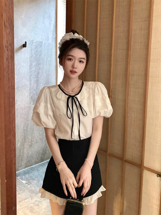 Confession message French design lace splicing white shirt women's summer sweet strappy short-sleeved top