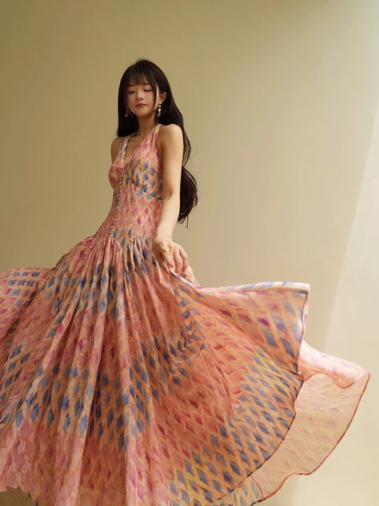 Aconiconi｜Lanxiu French-style sweet design with a slim waist and a large skirt for a holiday-style halterneck dress