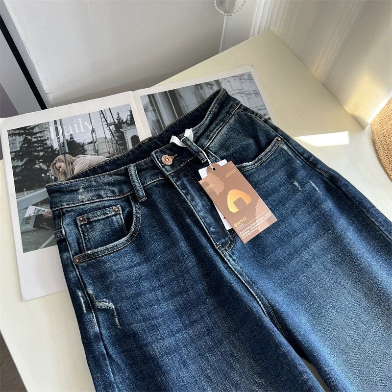 Relaxed style! Slimming and leg-lengthening floor-length jeans for women, made of glutinous rice flour, four-way stretch, loose-fitting straight leg, perfect for autumn.