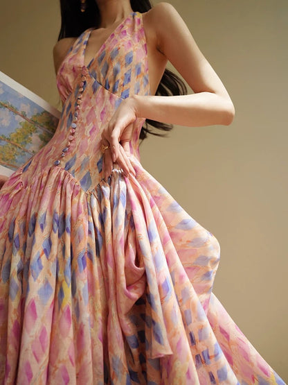 Aconiconi｜Lanxiu French-style sweet design with a slim waist and a large skirt for a holiday-style halterneck dress
