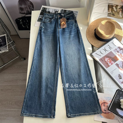 Relaxed style! Slimming and leg-lengthening floor-length jeans for women, made of glutinous rice flour, four-way stretch, loose-fitting straight leg, perfect for autumn.