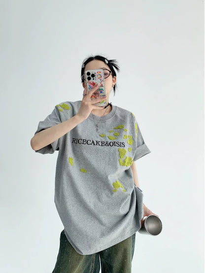 Waste wood summer American niche couple heavyweight towel embroidered short-sleeved oversize loose 300G pure cotton T-shirt for women